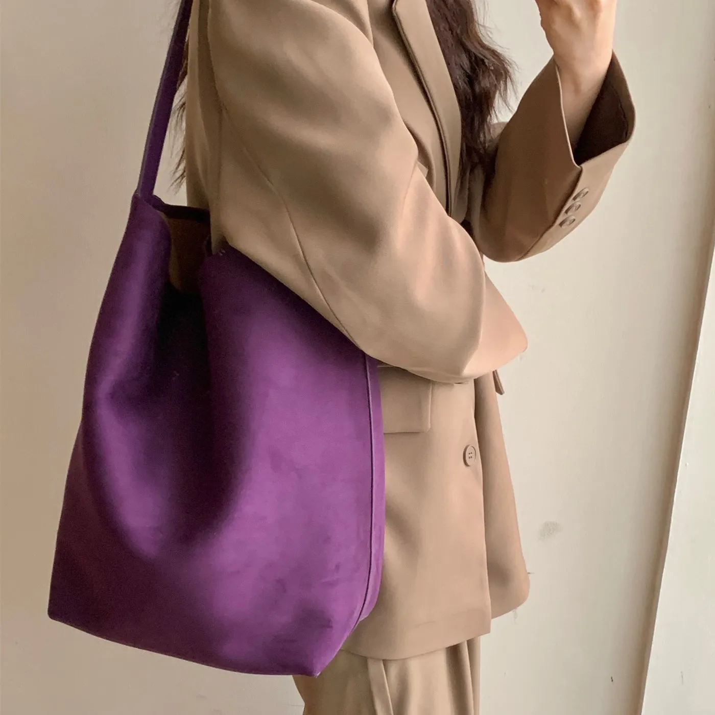 

FIRMRANCH Autumn Winter Lazy Style Special Brazilian Berry Purple Women's Large Capacity Suede Cowhide Shopping Bag Tote Hobos