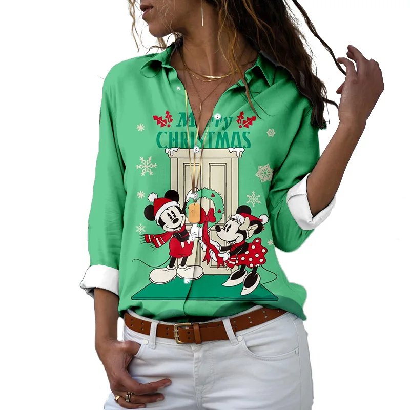 

2022 Fall Christmas New Stitch and Mickey Cartoon Slim Long Sleeve Disney Minnie Mouse Pattern Shirt Spring Chiffon Loose Top