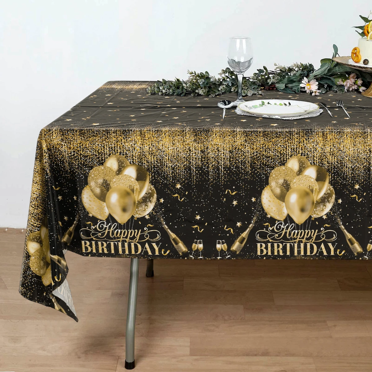 Black & Silver Happy Birthday Tablecloth - 54" X 108" Plastic Party Table Cover For Birthdays, Showers, Events