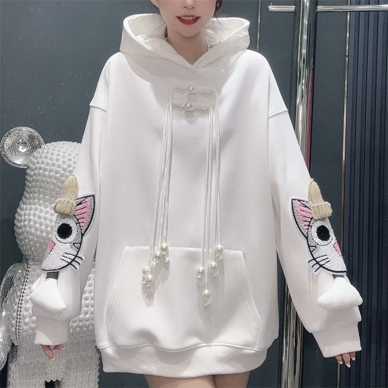 2025 Winter Outside Wear Plus Velvet Thickened Long-Sleeved Hoodie Women's Fashion Age-reducing Mid-length Loose and Thin Top X4