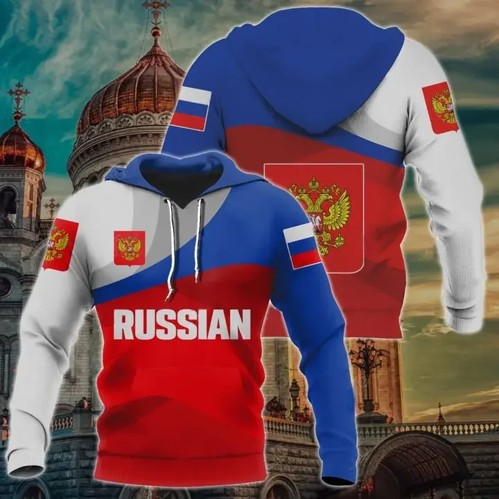 

Russian Flag 3D Printing Hoodie Spring National Emblem Pullover Tops Casual Men's Hooded Sweatshirt Retro Fashion Zipper Hoodie
