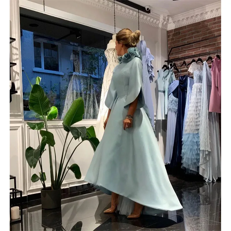 

Stylish High Low Mother of the Bride Dresses A Line Three Quarter Sleeve Prom Gown Ruched Asymmetrical Wedding Guest Party Dress