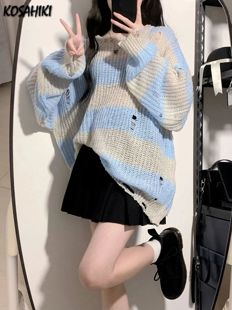 

Autumn Hole Rpped Striped Sweaters Women Loose Round Neck Harajuku Knit Pullover JK Lolita Knit Tops Streetwear Y2k Cute Jumper