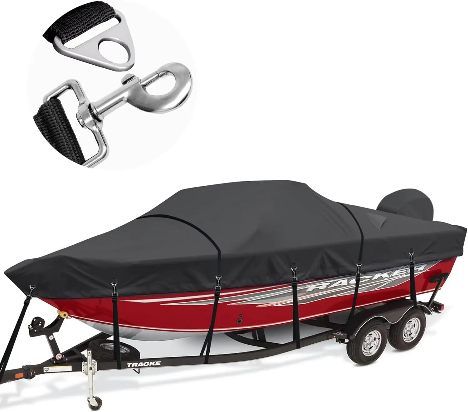 Heavy Duty 1200D Waterproof Boat Covers 17-19ft with Motor Cover and Windproof Adjustable Metal Buckle Fits Bass Boat, V-Hull, T