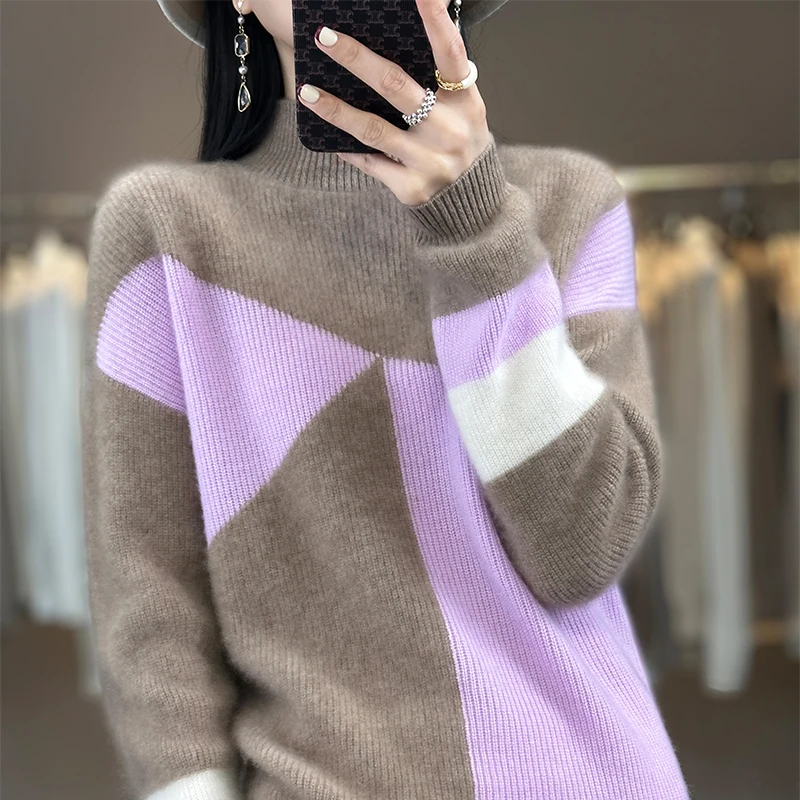 

2022 Autumn Winter Cashmere Sweater Women's Color Matching Fashion Oversize Knitted High-Neck Sweaters Pullover Bottoming Shirt