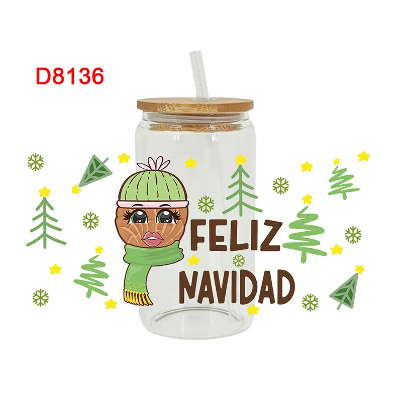 3D UV DTF Transfer Sticker 16oz Cup Wraps Merry Christmas Printed for DIY Glass Ceramic Metal Leather Etc D8040