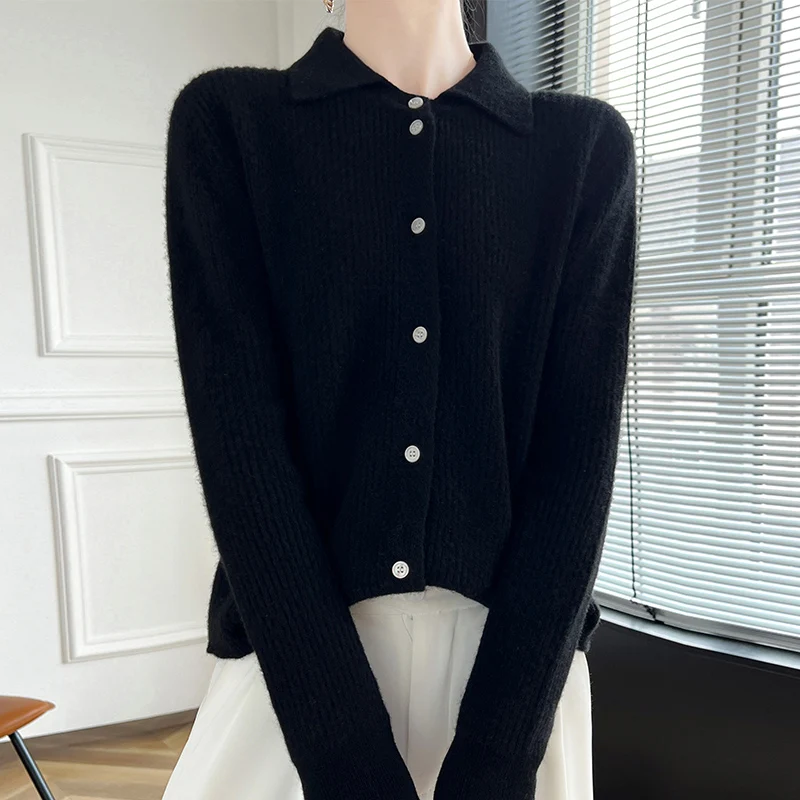 New women's sweaters in autumn and winter 100% merino wool POLO neck thick pullover cardigan fashion luxury solid color long sle 6