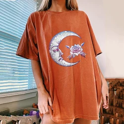 Women Oversized Graphic Vintage T Shirt Moon Print Tops Casual Short Sleeve Round Neck Sun Blouses Tees Streetwear