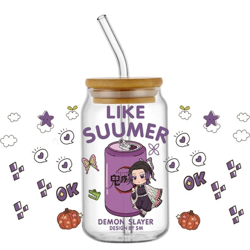 cartoon Demon Slayer 16OZ UV DTF Cup Wrap Transfer Stickers Labels christmas DIY Waterproof For Libbey Glass Can