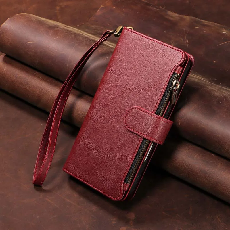 Leather Flip Phone Case with Magnetic Zipper and 9-Card Wallet Slots