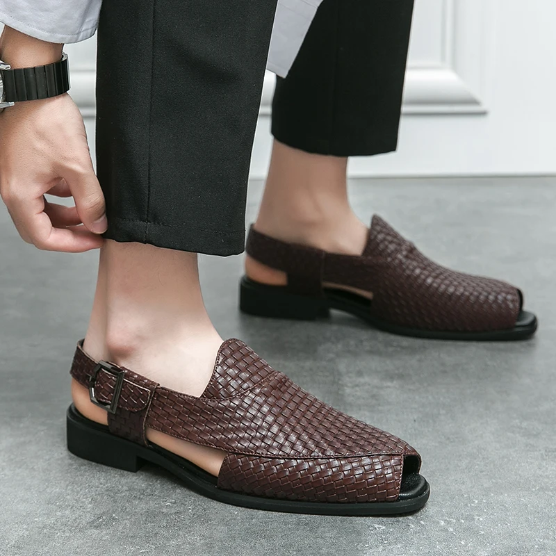 Italian Style Fashion Solid Color Leather Sandals for Men Business Dress Sandals Handmade Comfort Shoes Men Sandalias Breathable