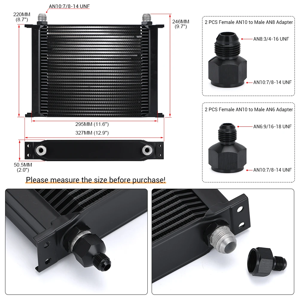 Engine Transmission Oil Cooler Kit Universal British Type 30 Row with 10AN Female to 8AN 6AN Male Fitting Adapter WLR7030
