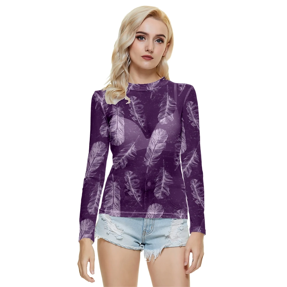 

Women Fashion Sexy Net Gauze Perspective Long-sleeved O-neck T-shirt Feather Printing Summer Casual Long sleeved
