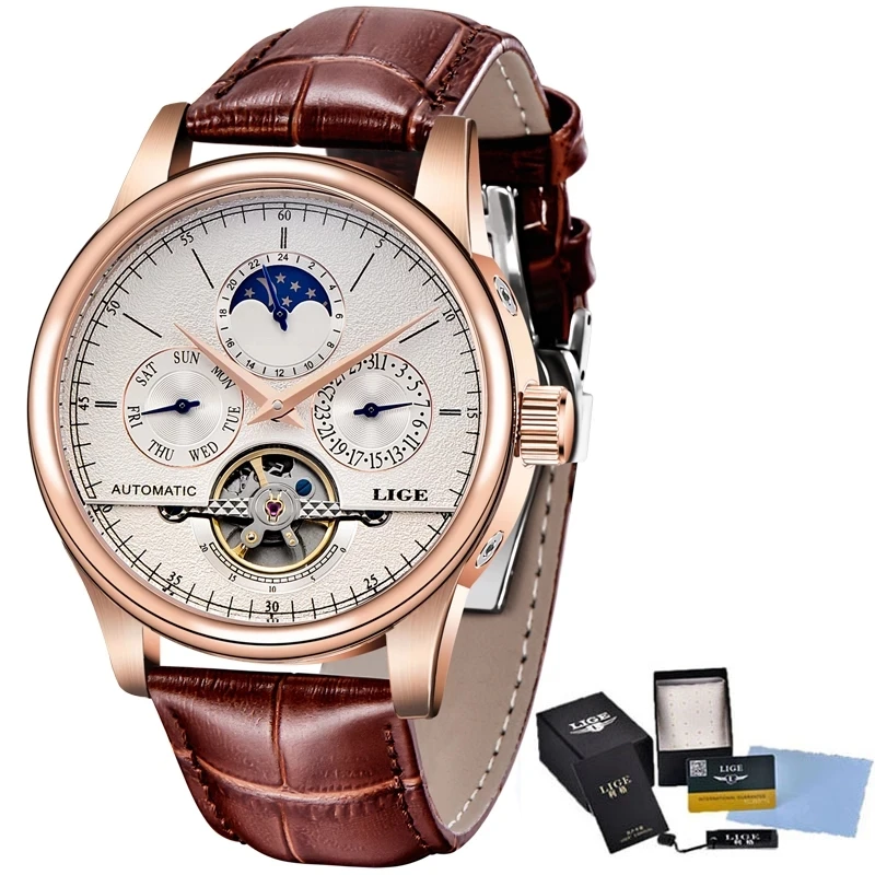 LIGE Original Brand Tourbillon Watch Men Wirstwatch Automatic Mechanical Watches Sport Clock Leather Casual Business Male Watch