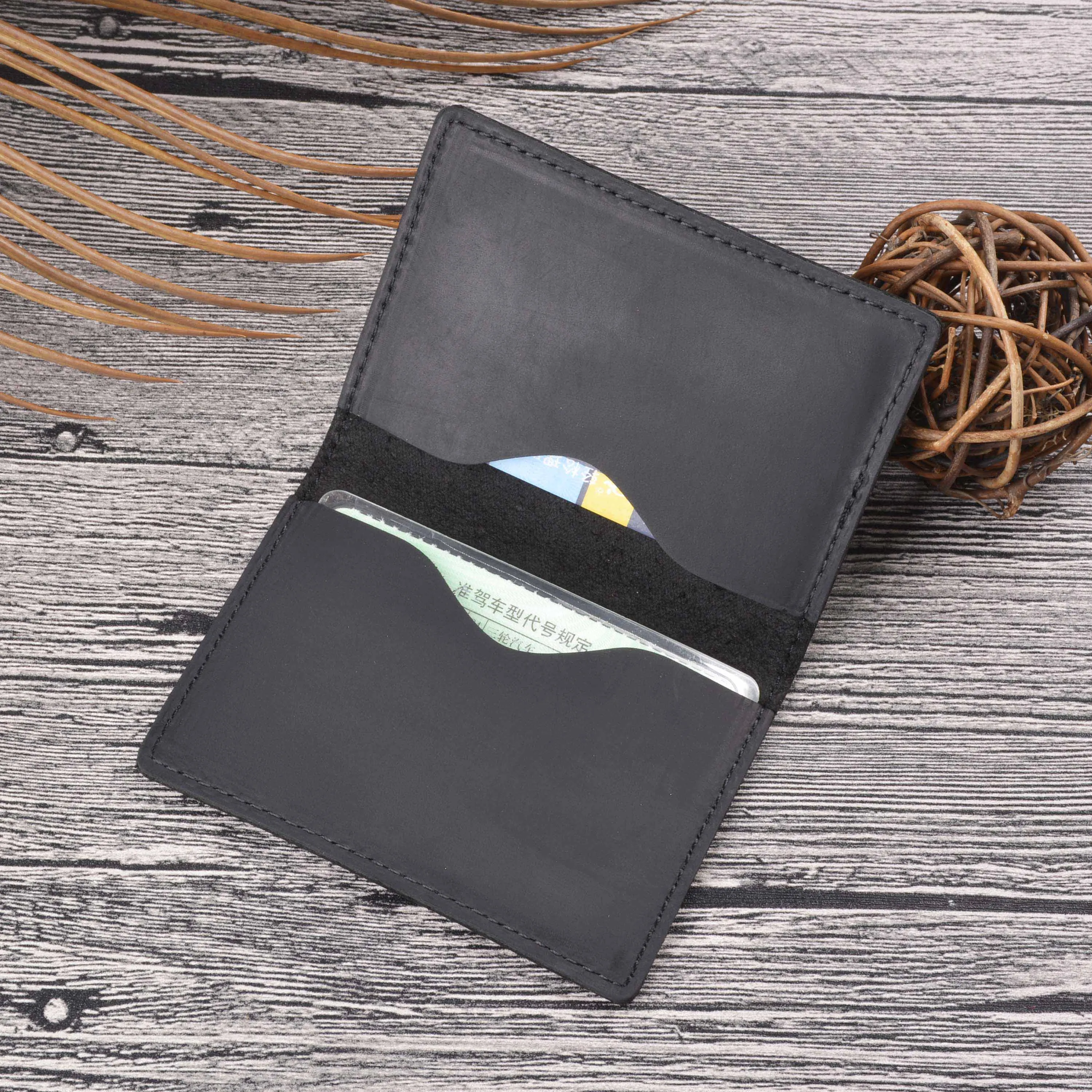 German Crazy Horse Leather Top-Grain Cowhide Slim Card Wallet-Minimalist Handmade Vintage Style Genuine Leather Card Holder wi