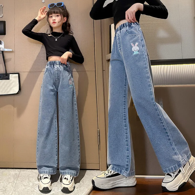 

Girls Denim Wide Leg Pants Solid Color Big Flare Pants Loose Jeans For Girls Casual Children Spring Children's Clothes 5-14Years