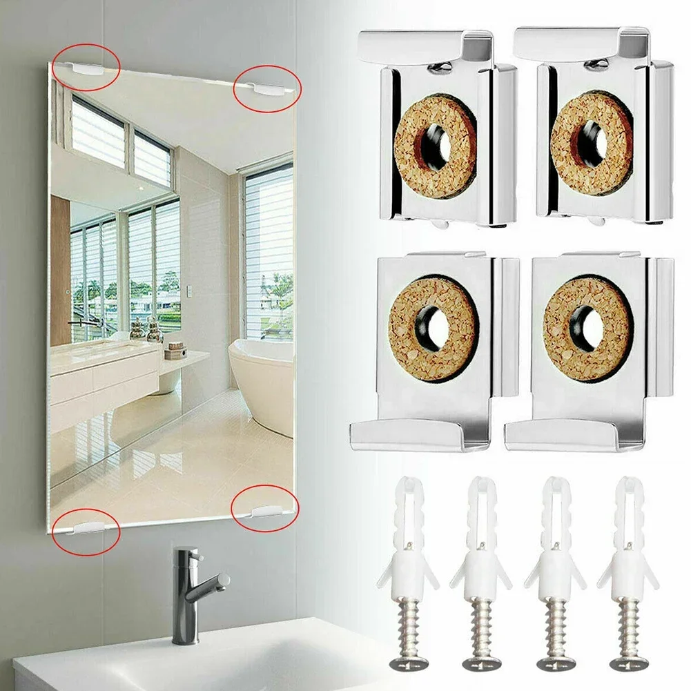 4pcs Bathroom Mirror Wall Hanging Fixing Kit Frameless Clips Mounting Hanger Clamp Wall Brackets Clamps Hardware Screws Set mirror fixing kit