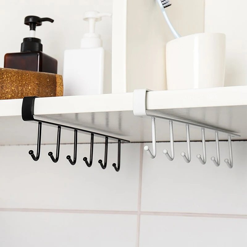 Kitchen Cupboard Under Shelf Punch-free Double-row Hooks Mug Cup Hanger Hook Iron Hanging Rack Holder Kitchen Cabinet Organizer