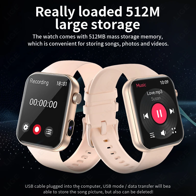 LIGE New 512MB Smart Watch Women Men Camera Take Photo Record Video Heart Rate Sport Fitness Waterproof BT Call For Android iOS