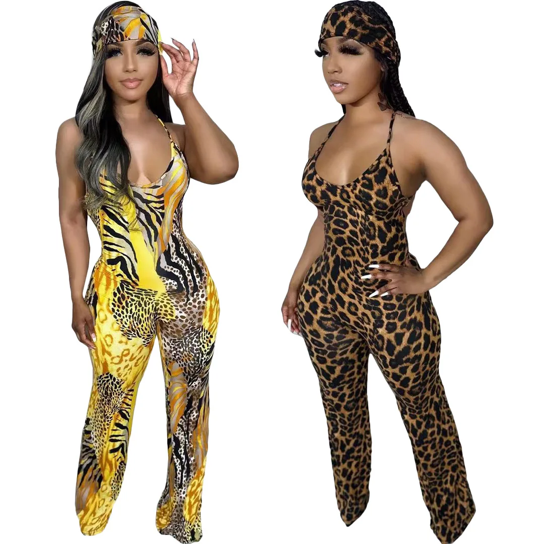 

Leopard Print Backless Bodycon Sling Jumpsuit with Headscarf Sleeveless Slim One-Piece Outfits Retro Long Jumpsuits Streetwear