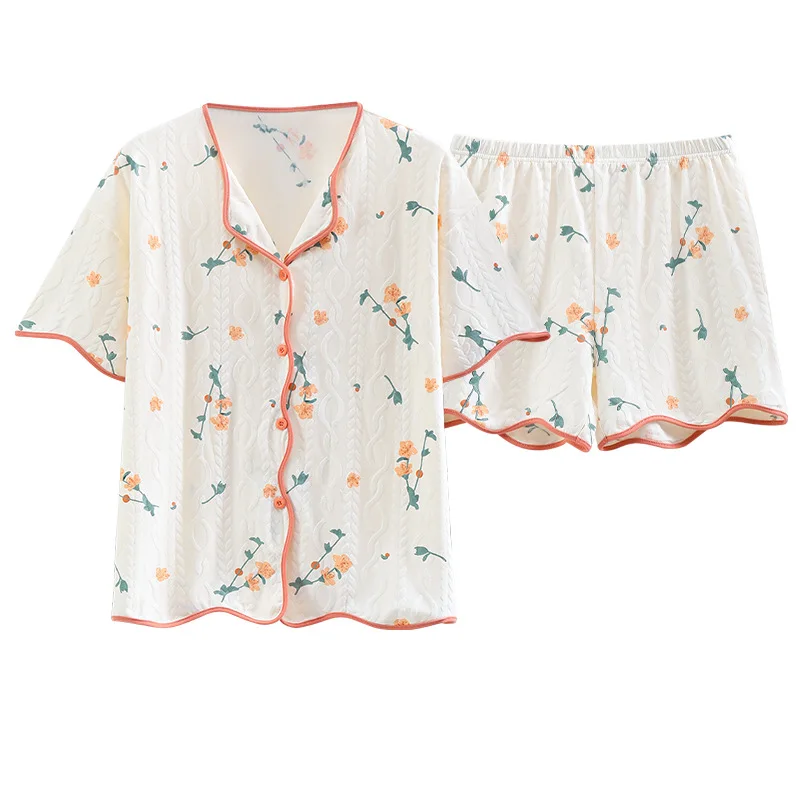 Woman Sweet Kawaii Two-Piece Pajama Set Summer Fashion Cardigan Short Sleeve Loungewear Korean Style Shorts Pajamas Clothes