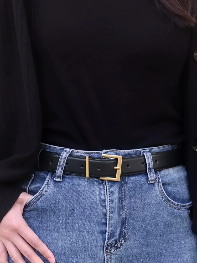 Simple Square Pin Buckle Cowhide Belt Classic Solid Color Jeans Pants Waistband Elegant Coat Girdle For Women