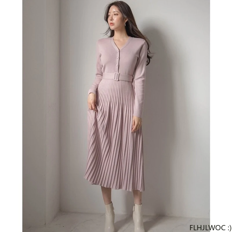 Chic Korea Knitting Dresses New Design 2023 Autumn Winter Warm Basic Wear Solid Lace-Up Belt Dress Long Maxi Vestidos