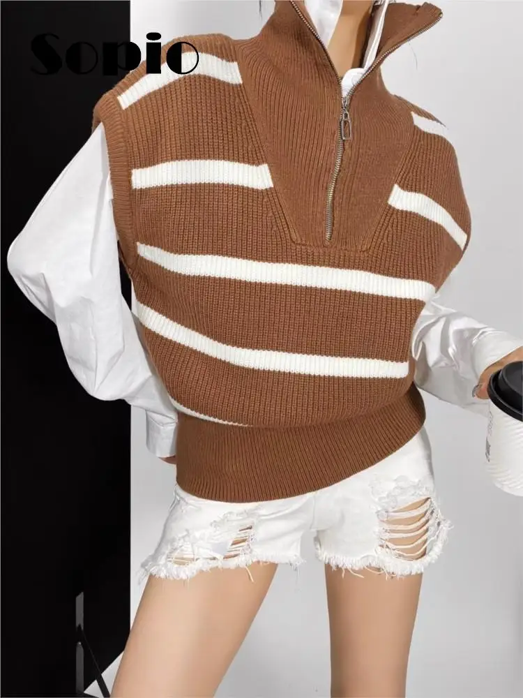 

Turtleneck Striped Knitting Vest Women Autumn 2023 New Fashion Vintage Sleeveless Knitwear Waistcoat Zipper Lapel Collar Sweater