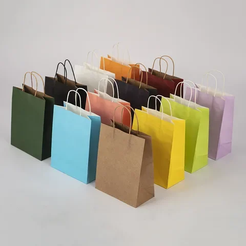 

10-20pcs Solid Color Kraft Paper Bags With Handle for Store Clothing, Christmas Wedding Party Supplies and Handbags