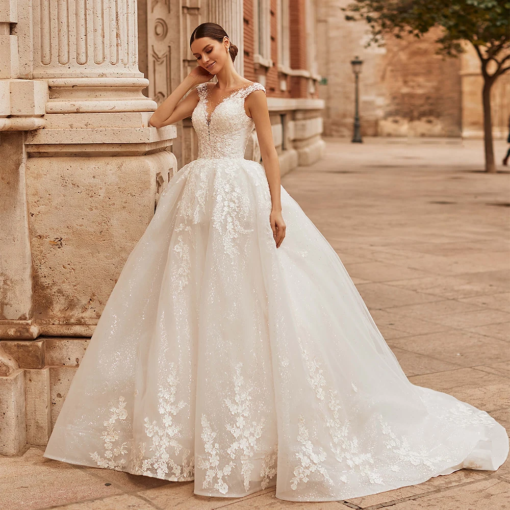 Glitter Wedding Dresses Customized Cap Sleeve Scoop Beading Applique Sweept Train Back Lace-up Corset Wedding Bridal Gown 4