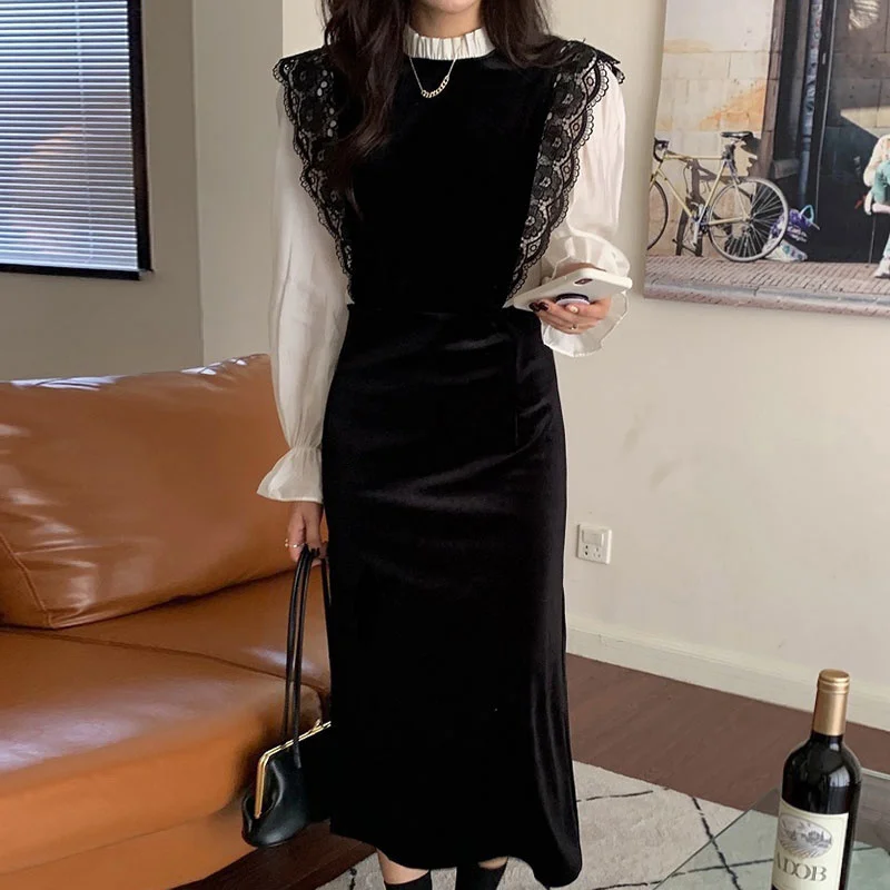 

Elegant Women Flare Sleeve Patchwork Dress Fashion Stand Collar Spliced Lace Fake Two Piece Velvet Dresses 2023 Summer New Y593