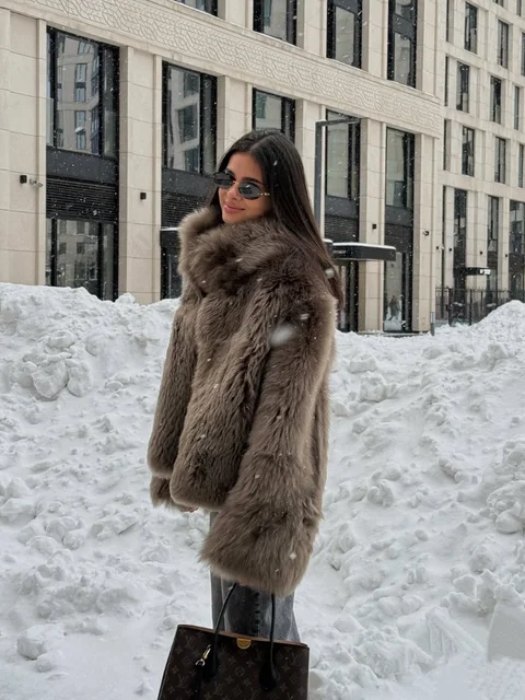 Woman Brown Plush Fur Thick Coat Stand Up Collar Loose Short Jacket 2025 Lady Autumn Winter Casual Fashion Commuter Outwear 5