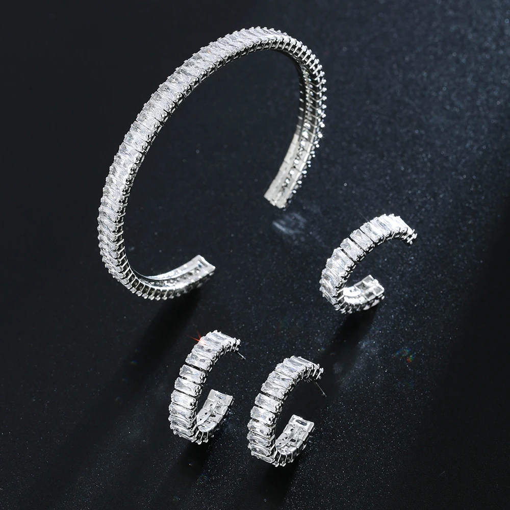 

AMC Luxury Square Earring Open Bracelet and Ring 3pc Set AAA Cubic Zircon Bridal Wedding Party Dinner Jewelry Gifts For Women