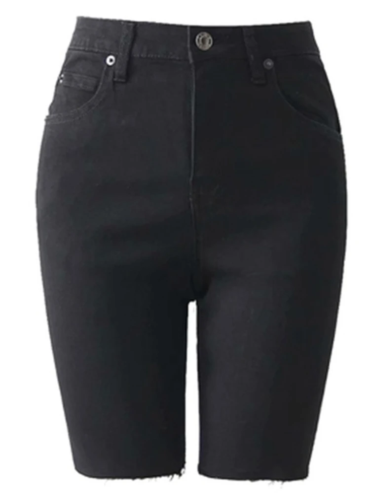 Streetwear Biker Jean Shorts Women Slim Knee Length Black Shorts New 2021 Summer Woman Elastic High Waist Shorts Bottoms