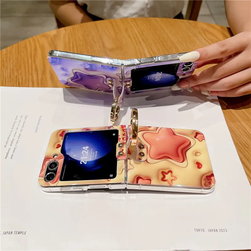 Ring Blu-ray Phone Case For Samsung Galaxy Z Flip 5 4 3 5G PC Star Protective Flip5 Flip4 Cover