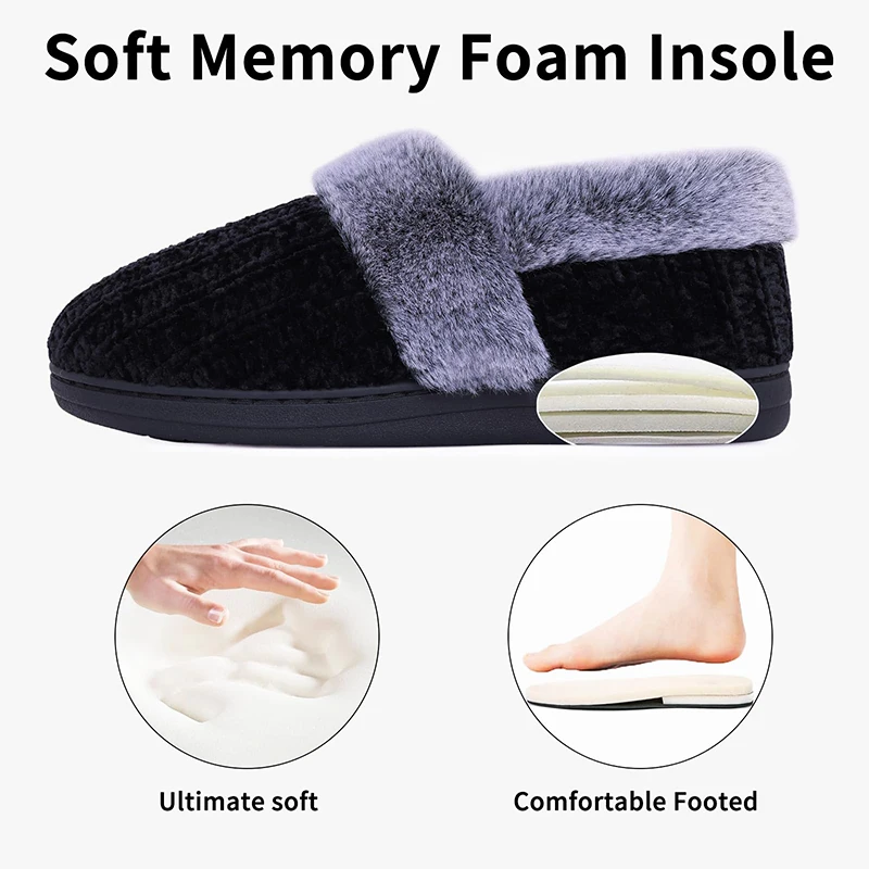 Womens Fuzzy Memory Foam Slippers Closed Back Knit Soft Warm House Shoes