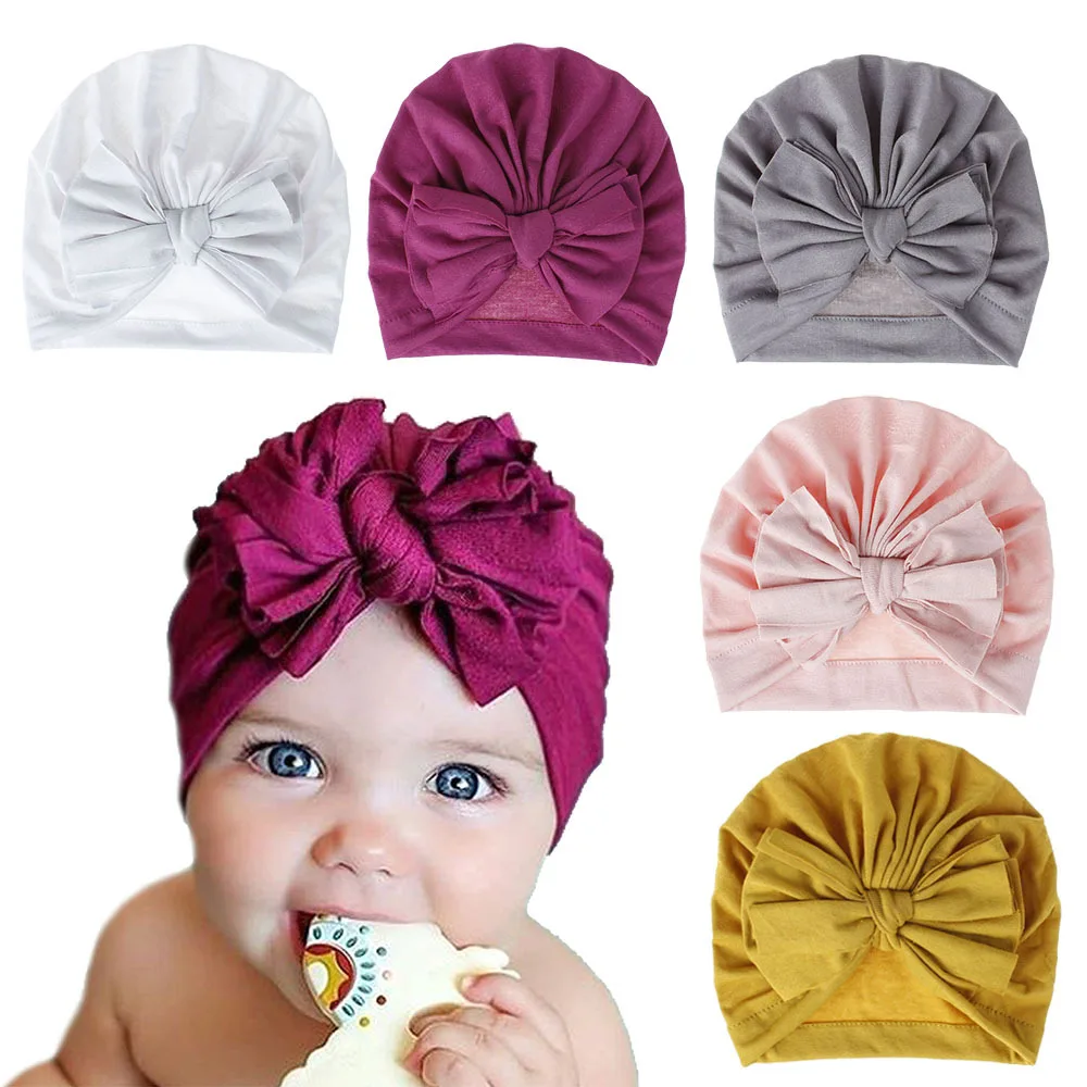 

18 Colors Baby Big Bow Knitted Cotton Hat Solid Color Elastic Headdress Bonnet Cap Newborn Stuff Hair Accessories Turban