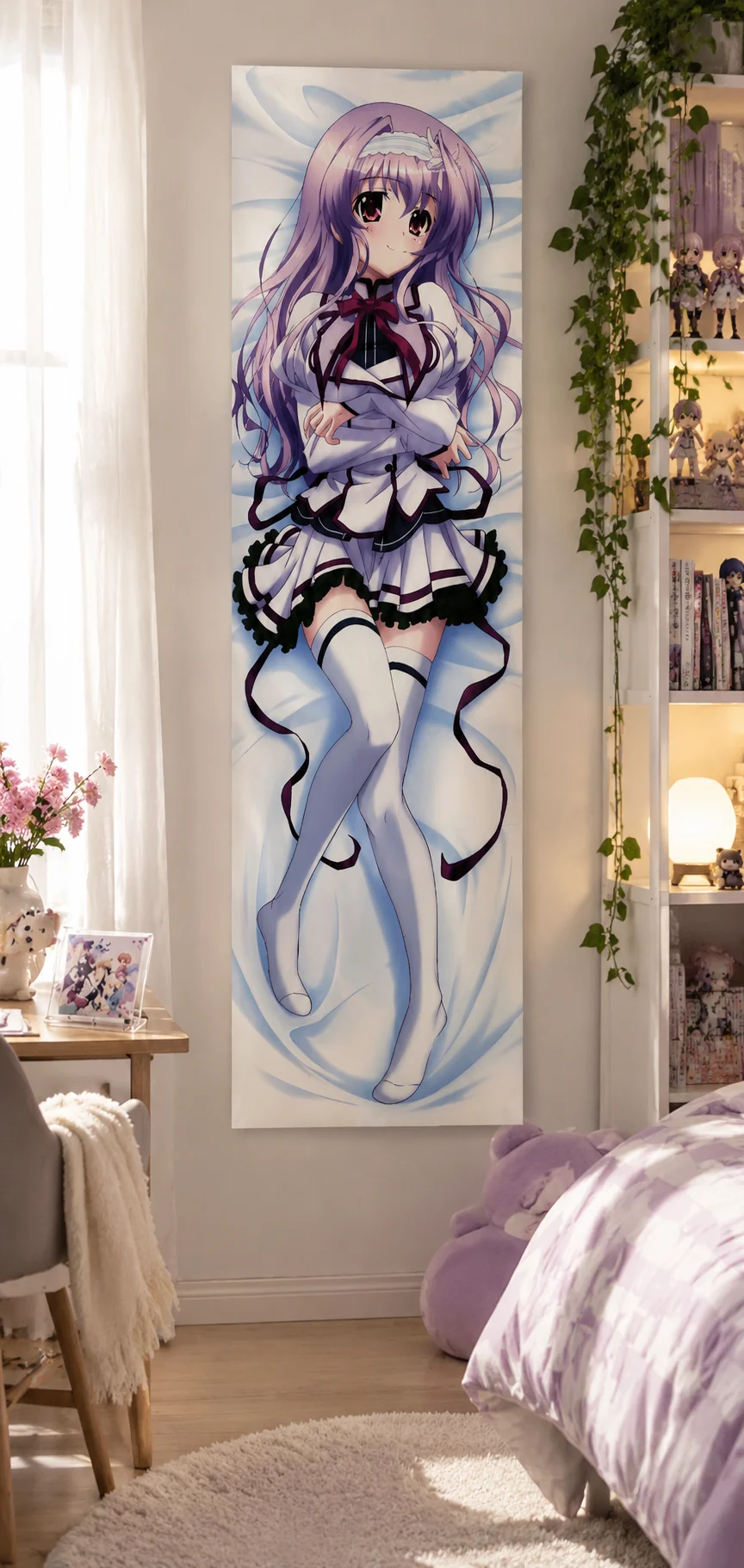 Anime Girl Dakimakura-Style Tapestry, White & Purple Uniform, Soft Bedroom Decor 1