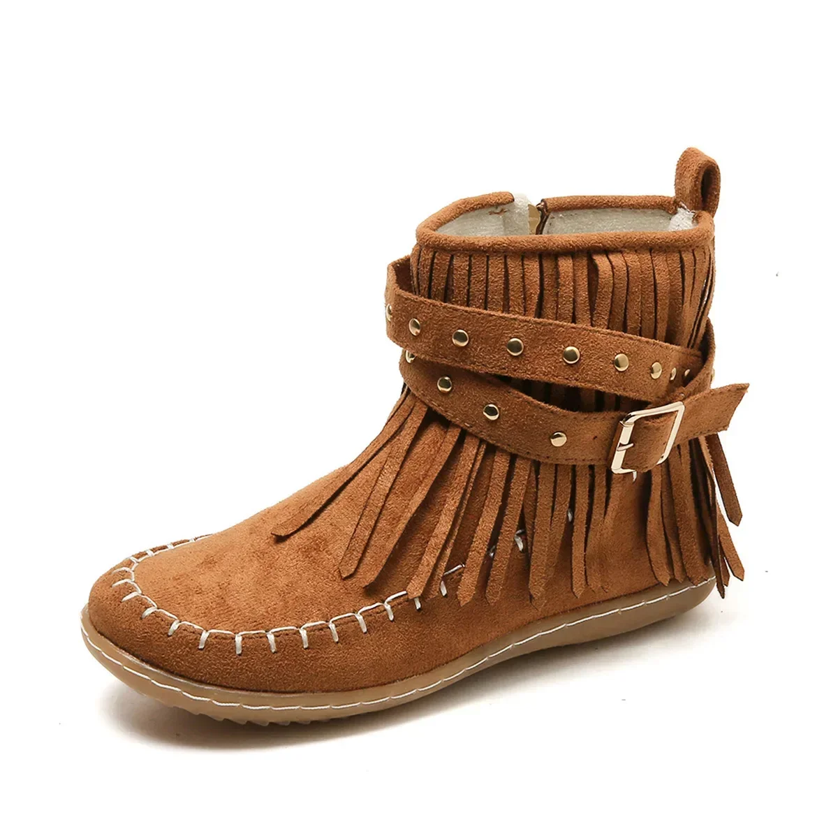 Retro Women Tassels Round Toe Short Boots Boots Women Winter Casual Flat Rivet Buckle Flat Ankle Boots Warm Shoes Footwear