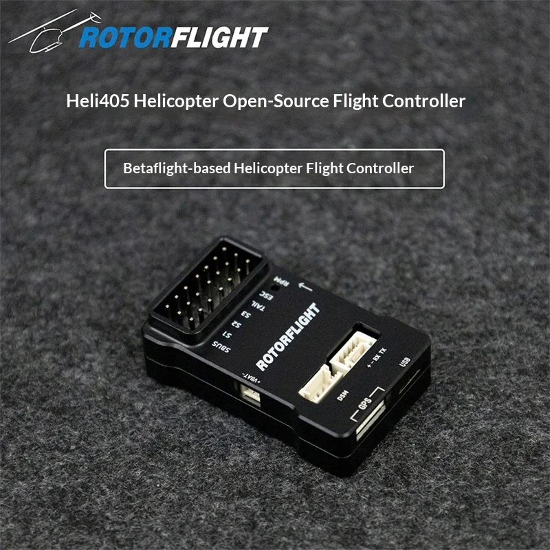 Contrôleur de vol FC-FW Heli-405 et ESC D-shot installé sur un drone RC, avec hélices en arrière-plan.