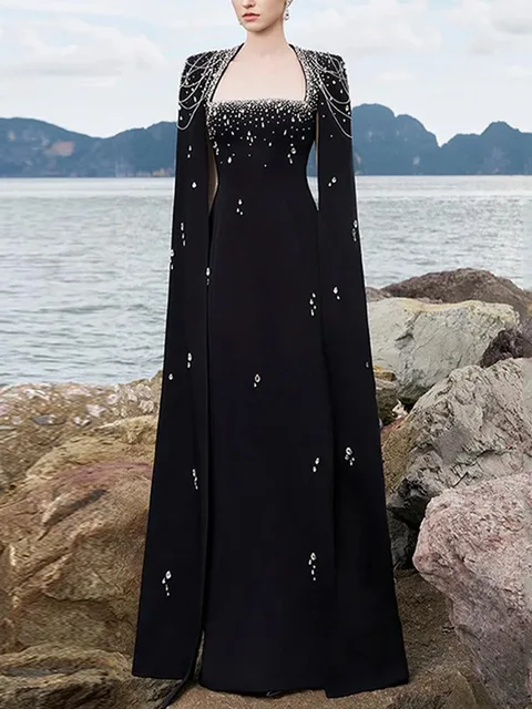 HIGH STREET Newest 2026 Designer Vestido Women's Diamonds Beaded Chains Cape Sleeve Floor Length Maxi Long Dress