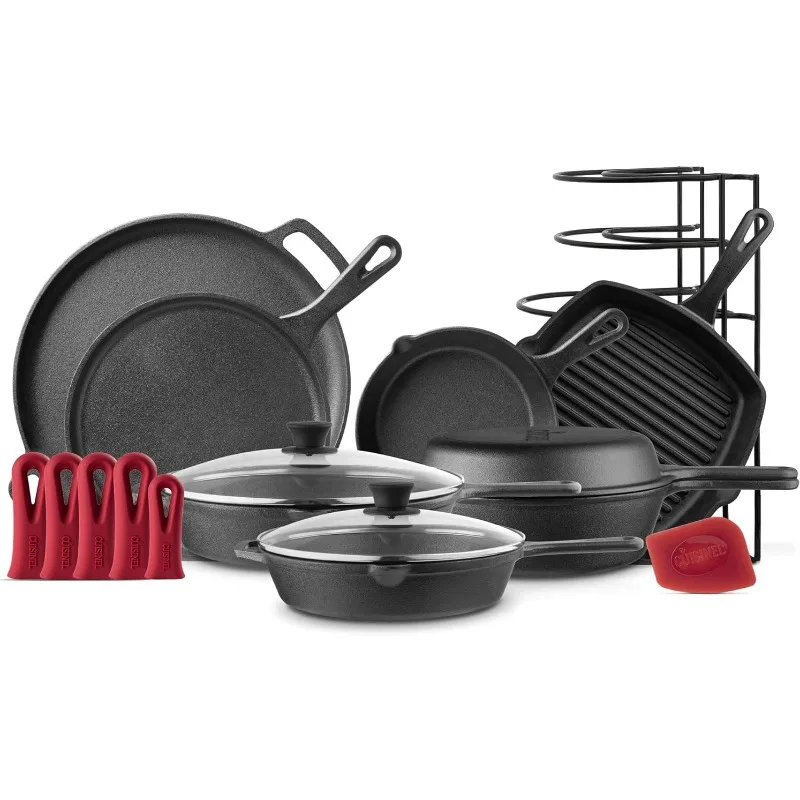 Cast Iron Cookware Set-8" Skillet+10"+12" Skillets with Lid+Grill Pan+Multi-Cooker+Flat Griddle+Pizza Pan+Pan Rack Organizer 1