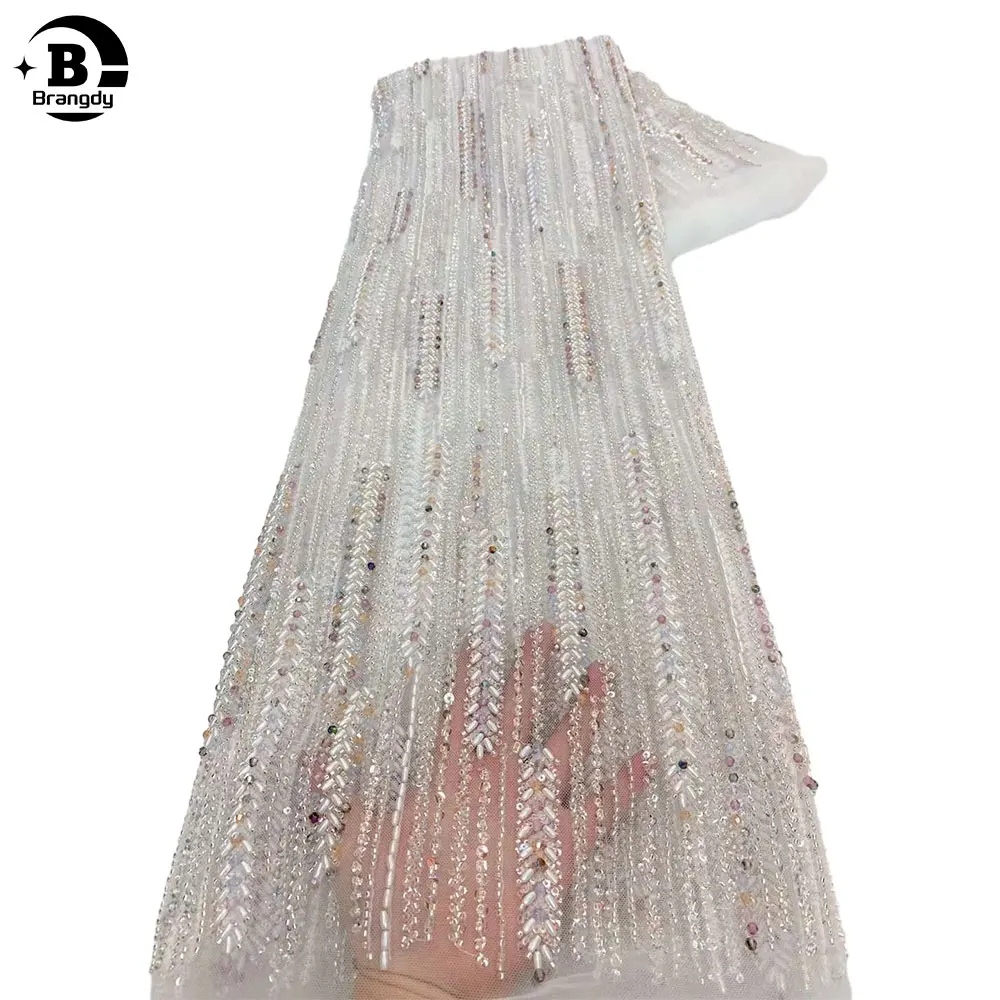 

Luxury African Beaded Lace Fabric Sequins 2024 High Quality Embroidery French Tulle Lace 5 Yards Nigerian Lace for Wedding X9004