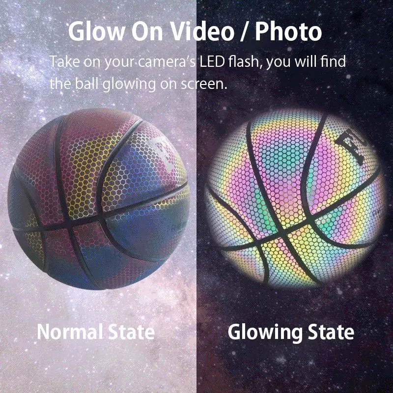 Bola de basquete reflexiva holográfica colorida couro do plutônio  desgastar-resistente jogo noturno rua basquete brilhante - AliExpress