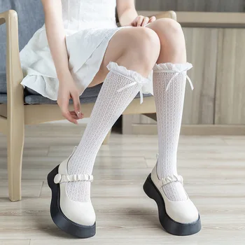 Japan Style Ruffle Long Socks Stockings JK Lolita Lace Knee Socks Stockings Women Sweet Girls Cute Bowknot Black White Stockings 1