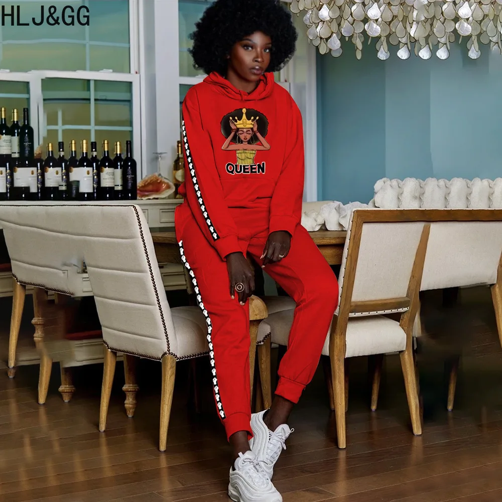 HLJ&GG Autumn Casual Patter Printing Hooded Two Piece Sets Women Long Sleeve Tops And Skinny Pants Outfit Female 2pcs Tracksuits