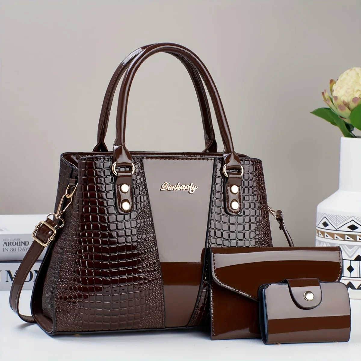 Luxury 3pcs Handbag Set Crocodile Pattern Large Capacity Crossbody Bag Glossy Patent Leather Tote Bag with Wallet and Card Bag