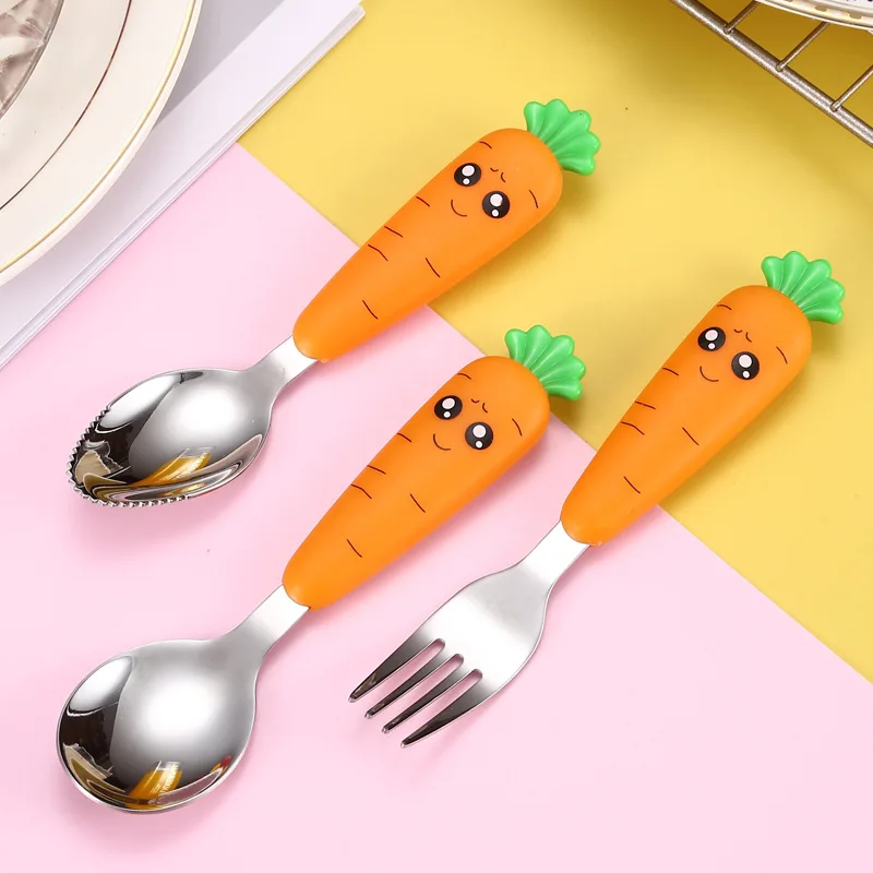 

Baby Tableware Fork Spoon Stainless Steel Cute Cartoon Radish Children Tableware Puree Spoon Complementary Food Tableware