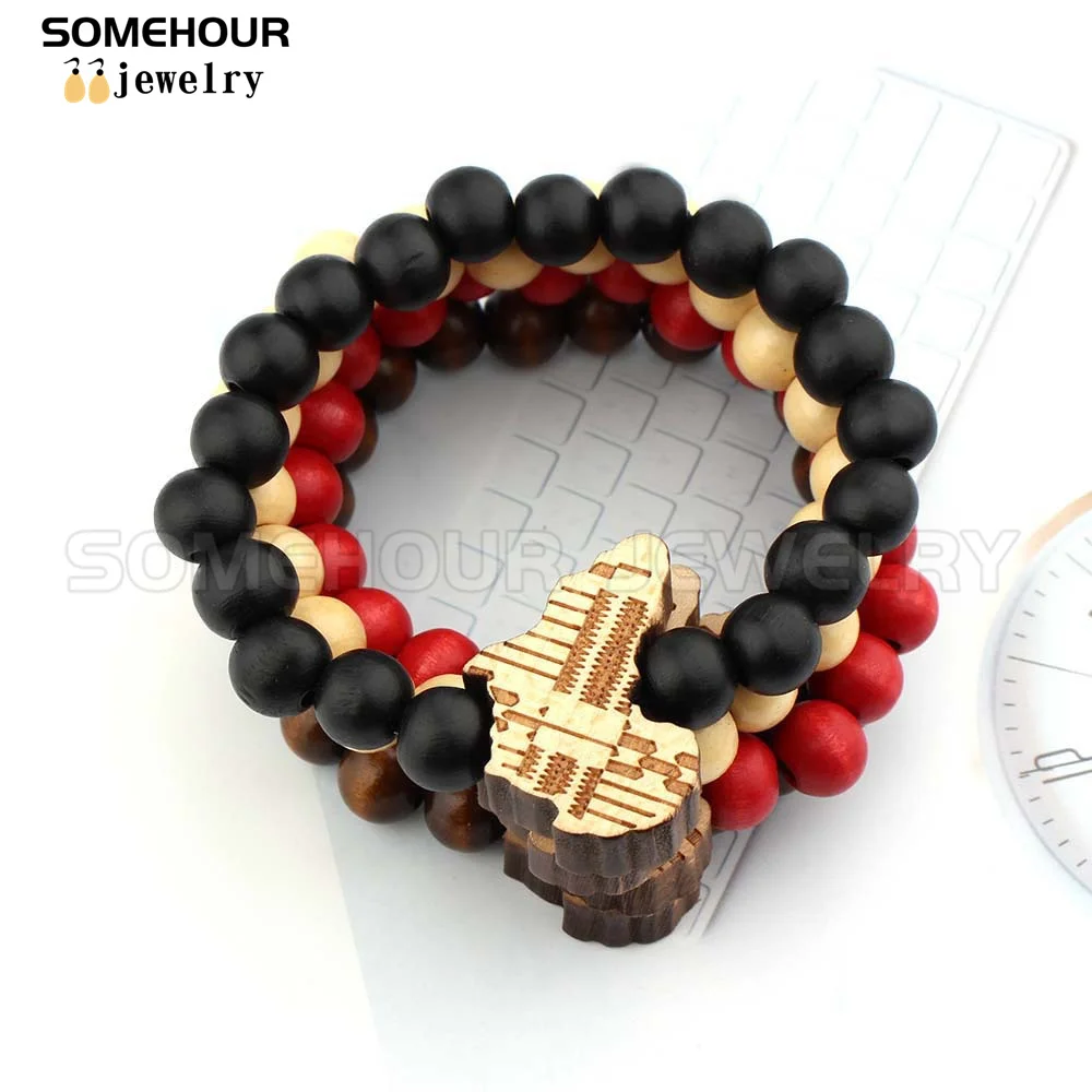 Somehour laser carved african map wooden bracelet afrocentric ethnic design charms wood beads bangle jewelry for