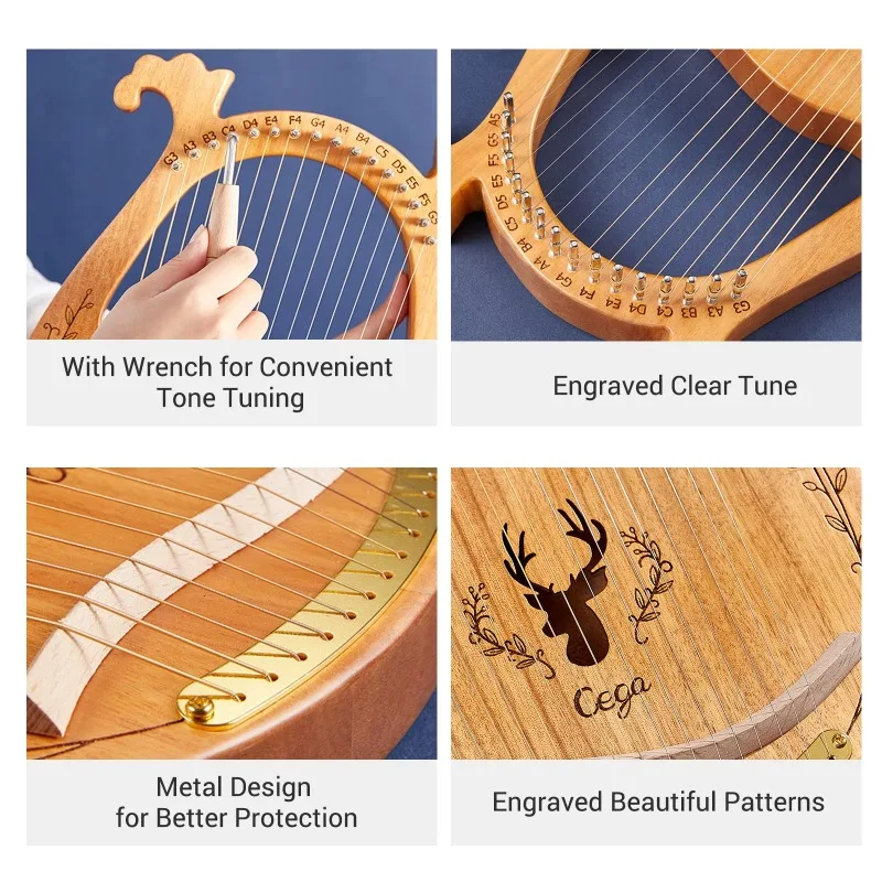 16/19/21 Strings Lyre Harp Mahogany Wood Harp Piano Stringed Musical Instrument With Tuning Wrench Spare Strings